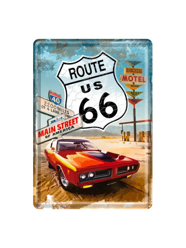 Blechschild Postkarte 10x14cm Route 66 (Red car)