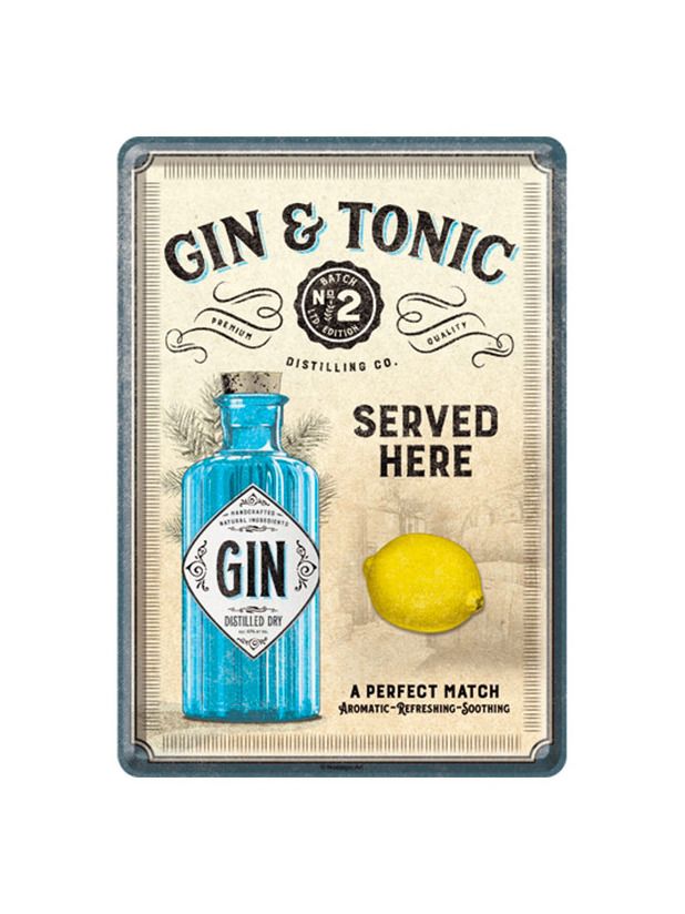 Blechschild Postkarte 10x14cm Gin & Tonic Served Here
